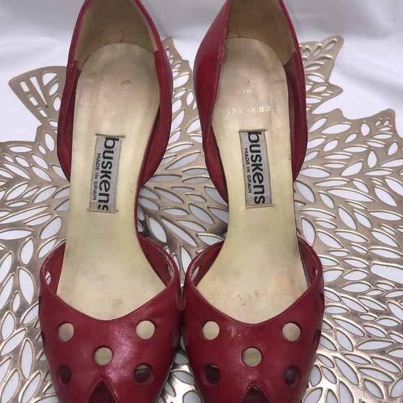 VINTAGE Buskens Made in Spain Polka Dot Peep Toe Red Heels Size 6.5 - Picture 3 of 12